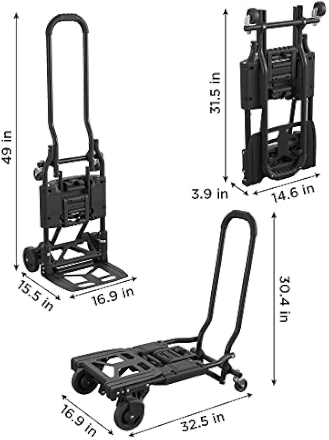 Cosco Shifter Folding Hand Truck/Cart - Heavy Duty Steel Frame, 300lbs Capacity, Black